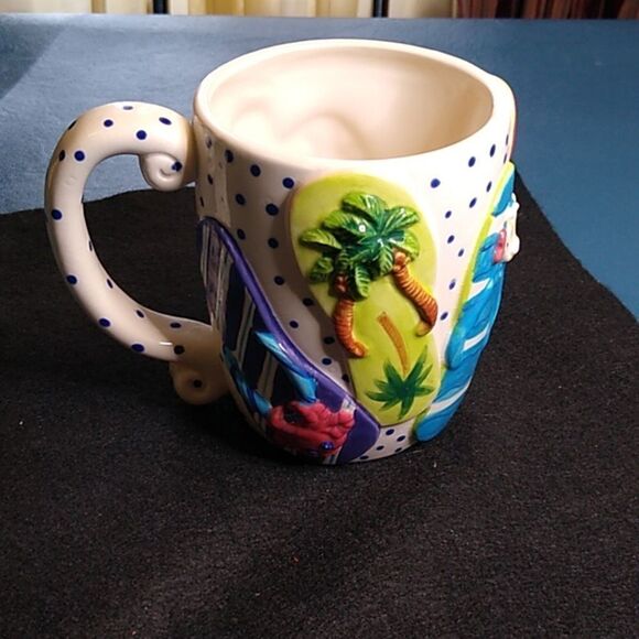 Flip Flop Sandals Stoneware Mug Blue Polk a dots/Flowers Cottagecore - Picture 3 of 7